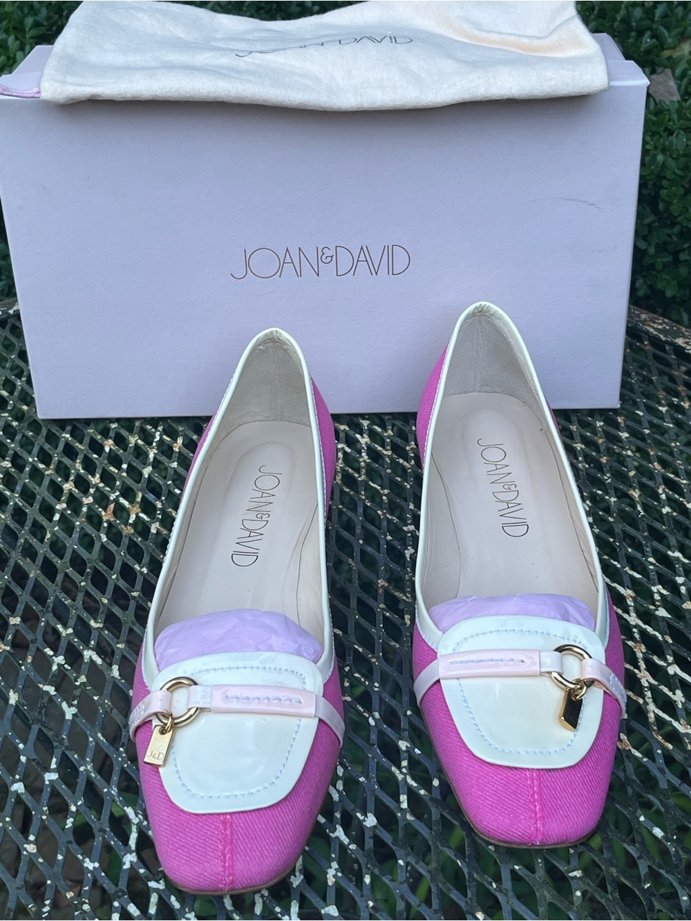 Joan & David Two-Tone Pink and White Loafer Flats with Gold Accent
